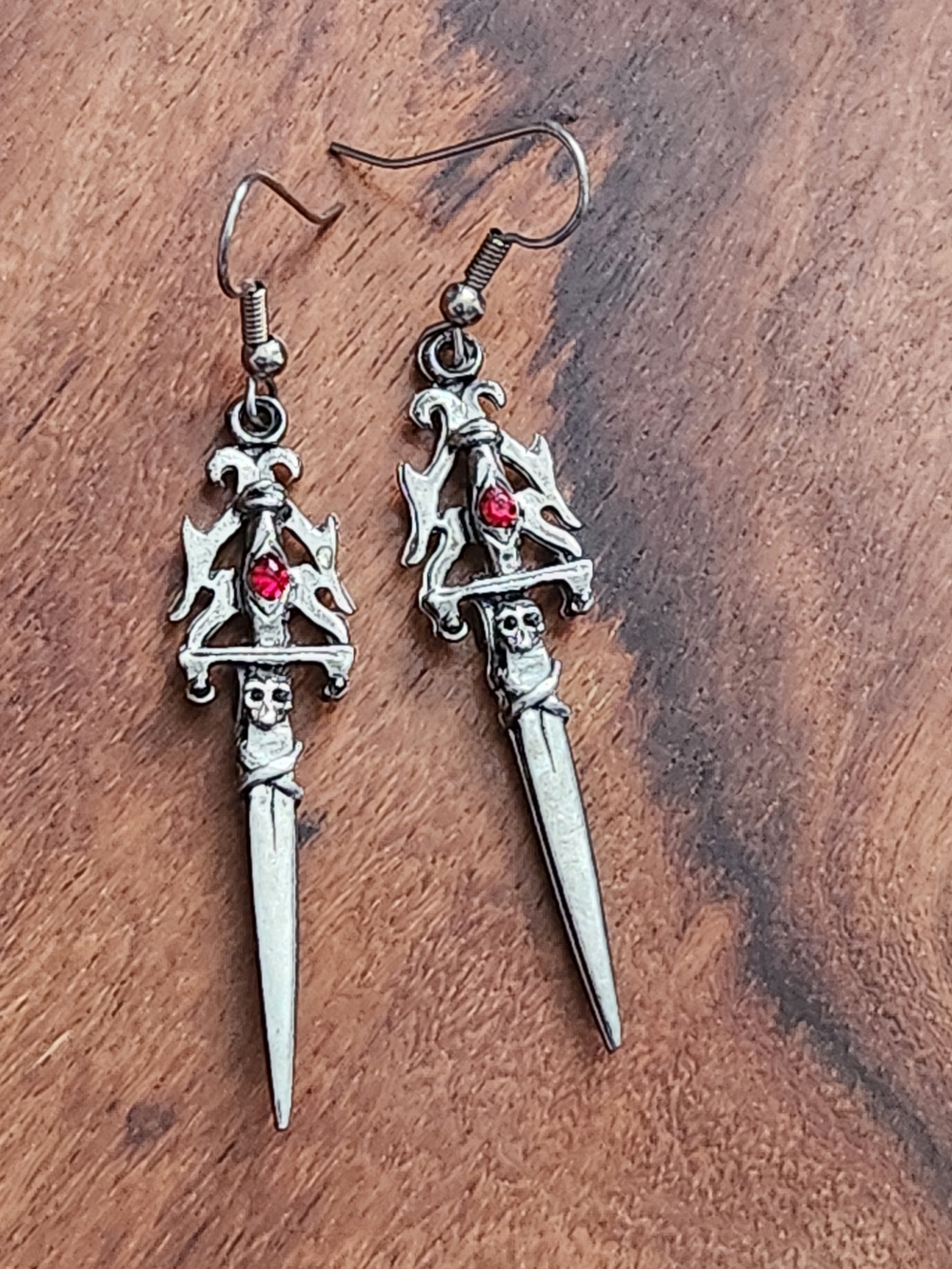 Gothic Skull Dagger Medieval Renaissance Dangle Earrings Red Austrian Crystals